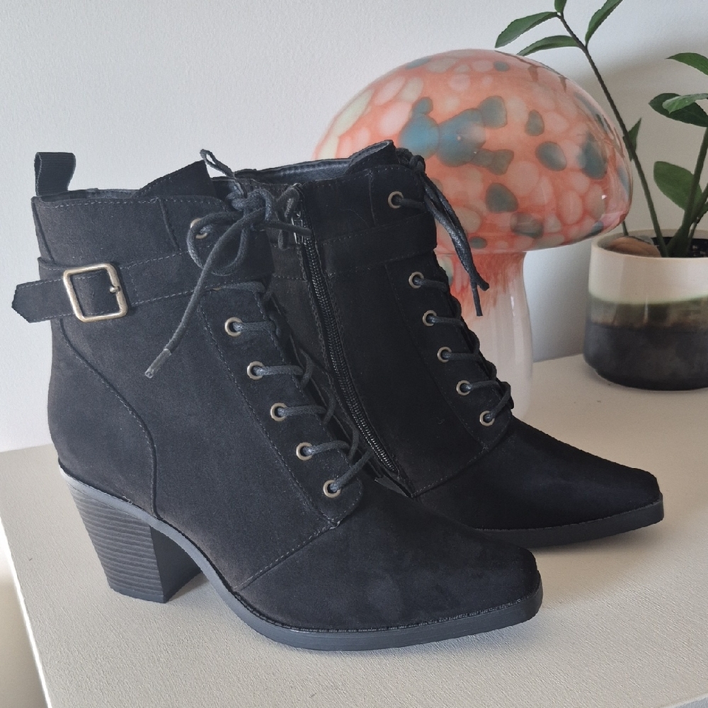 JustFab Black Lace-Up Ankle Boots with Buckle Strap